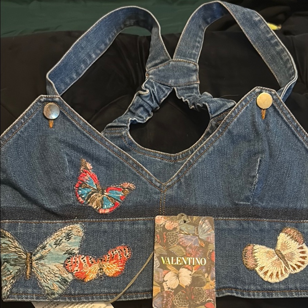 Valentino Denim Top with Colorful Butterfly Embroidery
